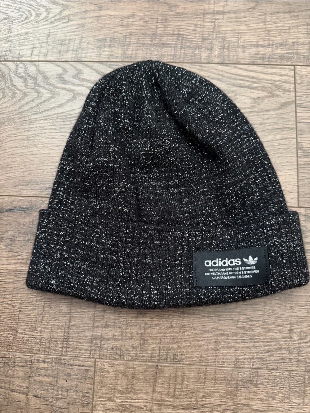 Adidas Black Metallic Knit Beanie Hat Trefoil Logo
